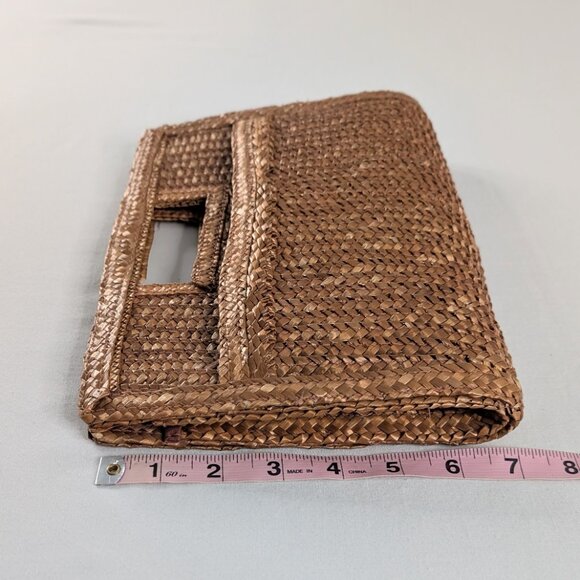 VTG Tan Woven Top Handle Front Pocket Claps Closure Clutch Bag - Picture 5 of 7